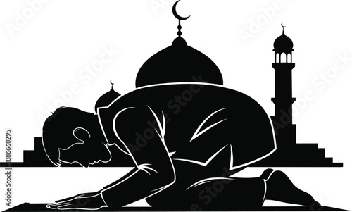 man praying salah at mosque silhouette on white background