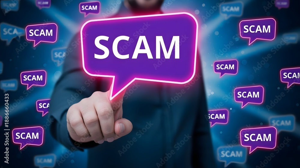 Obraz premium A person pointing at a large purple scam speech bubble with multiple smaller bubbles