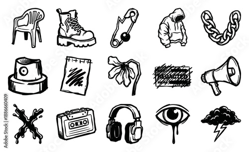 Grungy Hand-Drawn Punk Underground Street Culture Element Kit for Edgy Graphic Design and Zine Art