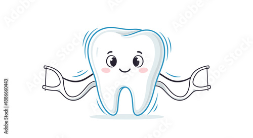 Happy cartoon tooth character holding two dental floss tools with a wide smile to promote oral hygiene and tooth care.