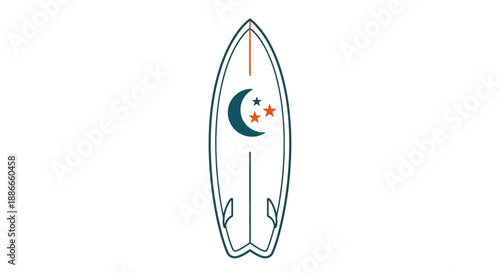 Surfboard with moon and stars design.