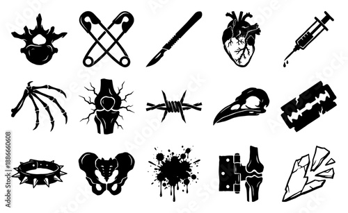Linocut Style Dark Medical and Macabre Element Kit for Gothic Graphic Design and Alternative Editorial Assets