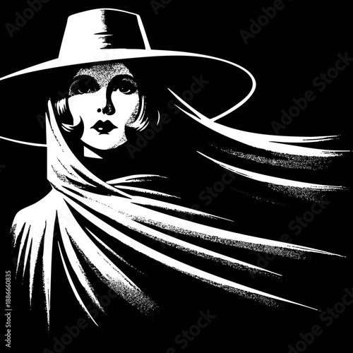 Photos Witch in the Wind: Woman in a hat and cape blowing in the wind.