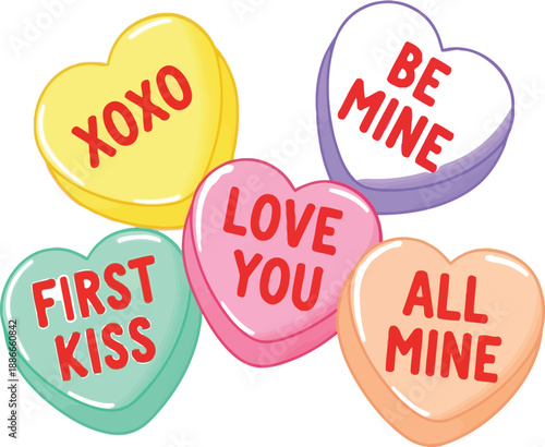 Colorful conversation hearts with romantic messages