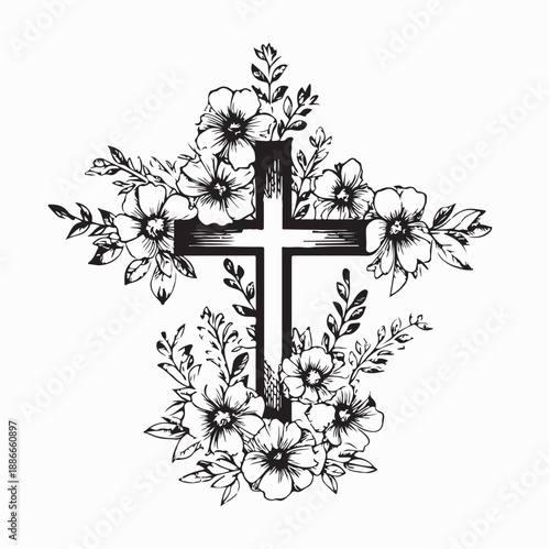 Cross adorned with flowers Image Vector Isolated on White Background