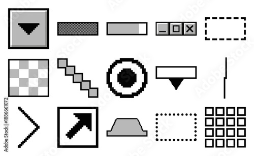 Pixel Art Computer Interface Elements Asset Sheet for Retro 1990s Desktop Operating System Design