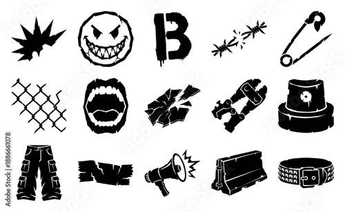Grungy Punk Streetwear Graphic Asset Sheet Featuring Urban Rebellion Symbols for Underground Apparel Design