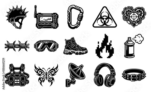Cyberpunk Gothic Blackwork Element Kit for Post-Apocalyptic Survival and Edgy Industrial Graphic Design