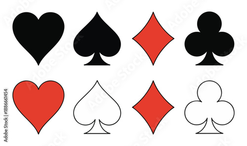 Playing card suits collection hearts diamonds spades clubs black and red and outlines on white