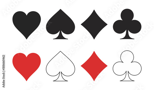 Playing card suit vector icons set including heart spade diamond and clubs in black and red color palette