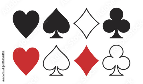 Minimalist card game suit icons with mixed solid and outline styles for gambling app interface design web
