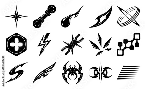 Tribal Cyberpunk Abstract Graphic Element Kit for Sci-Fi Gaming and Y2K Aesthetic Apparel Design