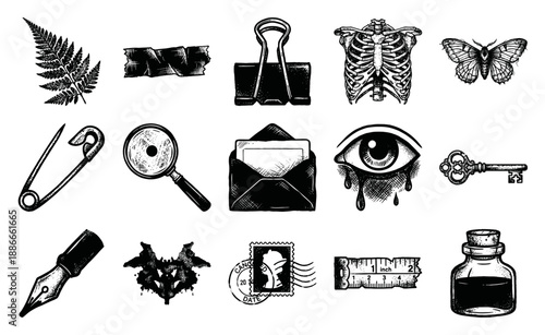 Vintage Hand-Drawn Woodcut Engraving Element Kit for Dark Academia and Victorian Scrapbooking