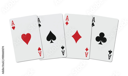 Four aces playing cards with heart spade diamond and clover suits on white background with shadow