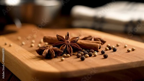 Cinnamon sticks and star anise on a wooden cutting board surrounded by scattered spices