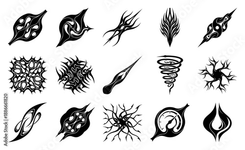 Abstract Neotribal Sigils and Dark Surrealist Graphic Elements Asset Sheet for Cyberpunk Subculture Branding