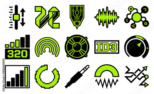 Cyberpunk Acid Green Audio Processing Icon Collection for Electronic Music Production and Digital Sound Engineering