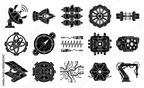 Stylized Sci-Fi Tech Engravings and Cybernetic Element Kit for Aerospace and Futurism Design