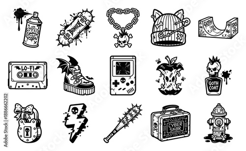 Grungy Streetwear Punk and Goth Aesthetic Graphic Element Kit for Alternative Underground Culture