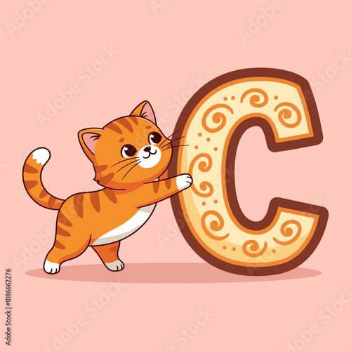 Kitten interacting with large letter c Vector