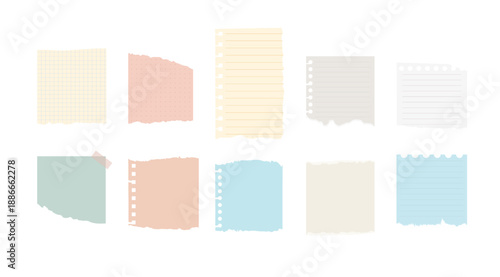 Collection of various torn paper sheets and notebook pages with lines and grids