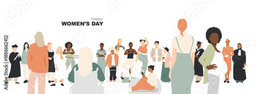 Happy Women's Day banner. Women of different ethnicities together.