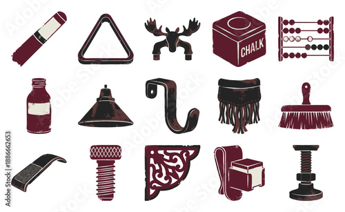 Vintage Woodcut Billiards and Pool Room Equipment Element Kit for Retro Recreation Room Graphics