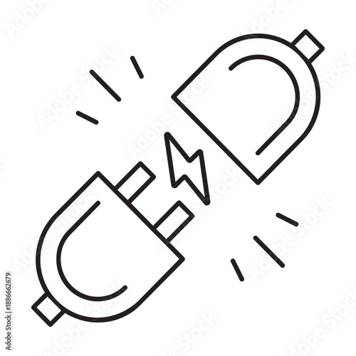 Illustration of line art icon of an electrical plug and socket disconnecting with a spark in between, symbolizing power loss, disconnection, or electrical fault
