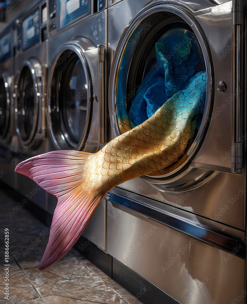 Fototapeta premium Iridescent mermaid tail with shimmering gold and turquoise scales hanging out of an industrial washing machine in a laundrette.