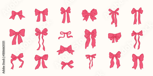 Red whimsical bow set in hand drawn doodle style. Cute ribbon elements for wedding or Valentine cards, packaging, stickers, invitations, and social media.