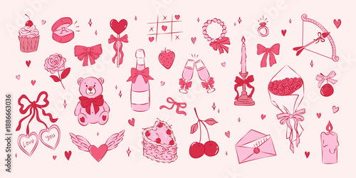 Romantic Valentines Day doodle set in cute pink colors. Whimsical elements in ink sketch style. Perfect for greeting cards, social media posts, packaging, stickers and scrapbooking.