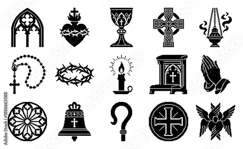 Woodcut Gothic Catholic Religious Elements Set for Sacred Christian Liturgical Graphic Design