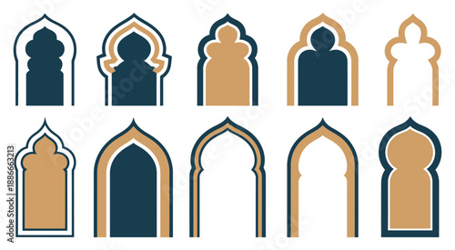 Islamic and Moroccan Arch Vector Designs Featuring Geometric and Floral Motifs for Cultural and Architectural Illustration