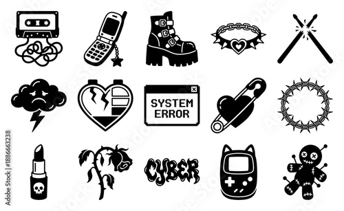 Edgy Y2K Cyber Grunge Aesthetic Black Vector Icon Set for Alt-Fashion and Nostalgia Graphics