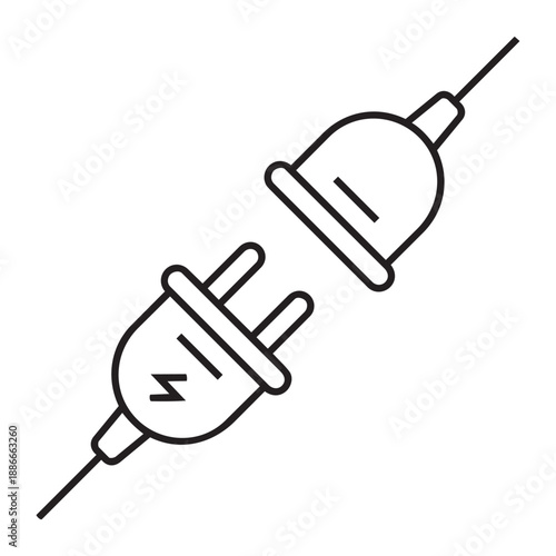 Illustration of line art icon of an electrical plug and socket about to connect, symbolizing power, connection, or disconnection