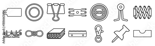 Minimalist Black Outline Stationery and Office Supplies Icon Element Kit for Organization and Crafting