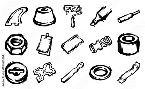 Grungy Hand-Drawn Hardware and Industrial Equipment Element Kit for DIY Workshop Branding