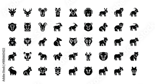 A collection of minimalistic black icons depicting various wild and domestic animals