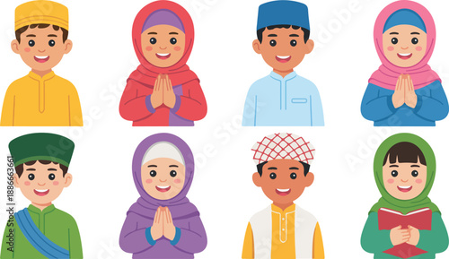 Cute Muslim Kids Cartoon Set Vector Illustrations of Children in Traditional Clothing