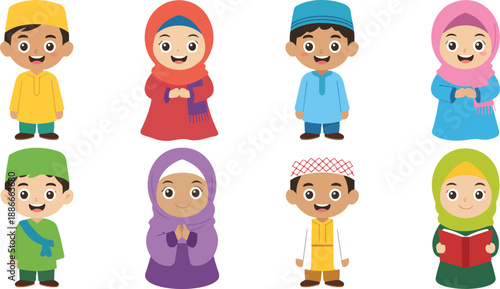 Cute Muslim Kids Cartoon Set Vector Illustrations of Children in Traditional Clothing