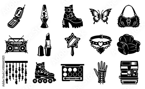 Retro Y2K Aesthetic Black Silhouette Graphic Element Kit for Millennial Nostalgia and E-girl Fashion Design