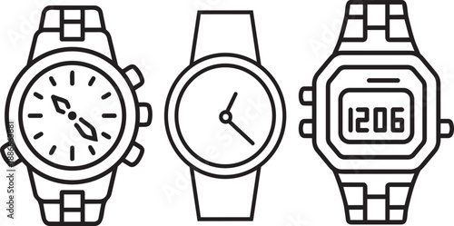 Stylized Wristwatch Icons – Analog Chronograph, Minimalist Dial, and Digital Time Display in Line Art