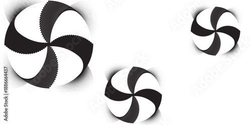 Set of dotted abstract shapes. Hexagonal halftone pattern. Half tone design elements in geometric tech style for logo, banner, web page, print, poster, business cards and template.