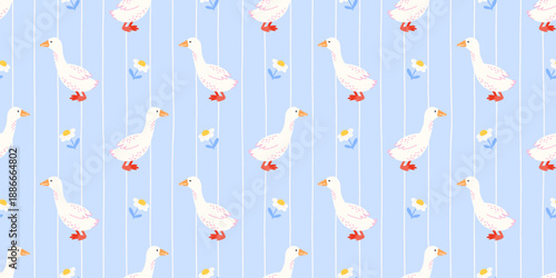 Seamless goose pattern on pastel blue striped background with daisies for nursery fabric, kids bedding, wallpaper, gift wrap and soft spring decor