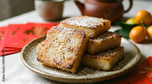 Delicious fried rice cakes served on a plate with tea, fruits, and red envelopes during a celebration in a cozy setting Generative AI