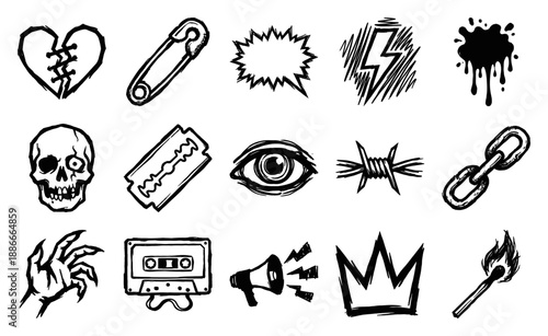 Grungy Hand Drawn Punk Rock Graphic Elements Asset Sheet for Underground Subculture Design