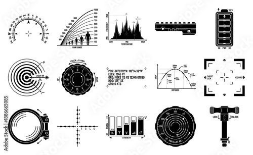 Technical Tactical Interface Elements Collection for Military HUD and Aerospace Schematics Design Asset Sheet