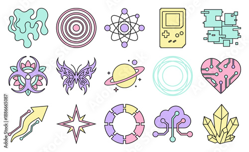 Retro Futurism Y2K Aesthetic Vector Graphic Element Kit for Digital Scrapbooking and Branding