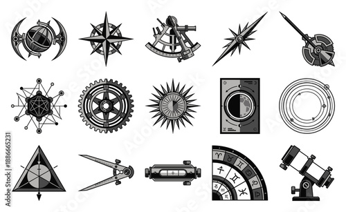 Vintage Woodcut Astronomy and Navigation Element Kit for Scientific Research and Nautical Exploration Themes