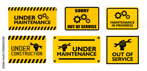 Collection set vector of under construction sign, out of service sign, maintenance in progress sign, and under maintenance sign in.